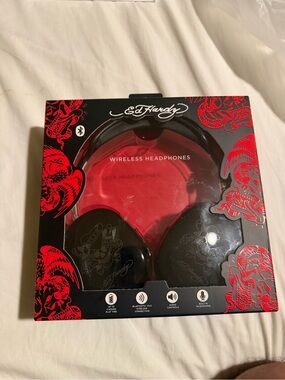 Ed Hardy Black and Red Wireless Headphones with Tattoo Graphics